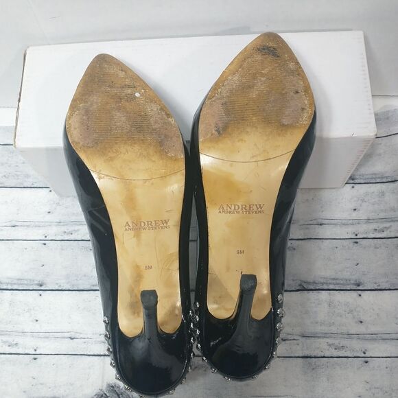 Andrew Stevens SZ 9M Patent Black Studded Stiletto  Biker Heels - Picture 8 of 11